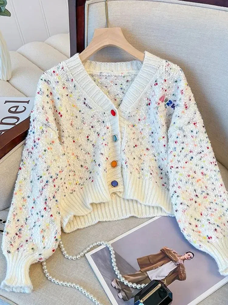 Jmprs Chic Rainbow Dot Cardigan Sweaters Women Sweet Fashion Long Sleeve Korean Knitted Coat Casual Lazy Wind Loose V Neck Tops