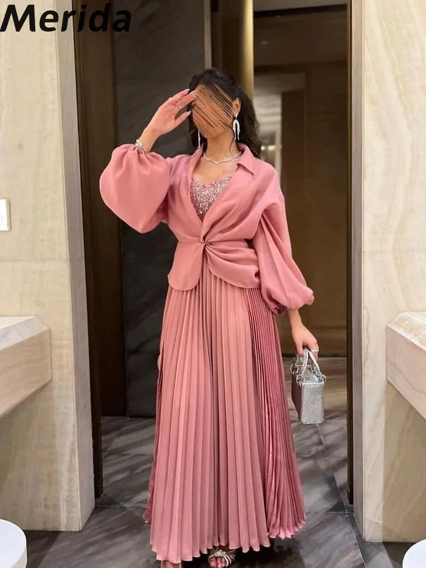 

2-Piece Arabia Evening Dresses For Prom Beads Long Puff Sleeves A-Line Ankle-length Elegant Formal Dresses 2024 Robes De