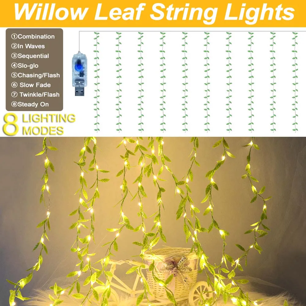 3M 180LED أوراق الصفصاف سلسلة أضواء USB بالطاقة LED الجنية ضوء مقاوم للماء 8 طرق الستار مصباح لحديقة حفلة زينة عيد الميلاد