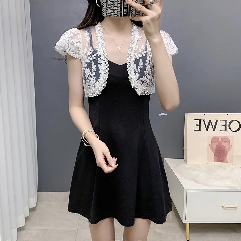 Versatile Short Sleeve Lace Cardigan Women's Outerwear Shoulder Shawl Matching Halter Dress Trendy Cover up Spring 2025