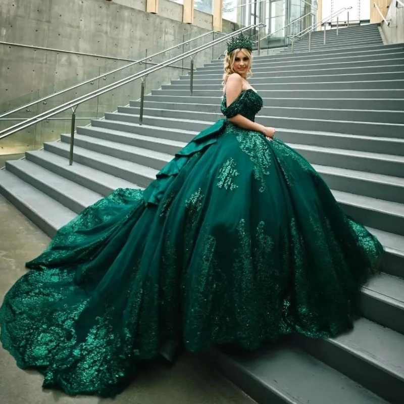 

Черновато-зеленые блестящие платья Quinceanera, бальное платье с блестками, кружевная аппликация, бисер, бант, многоуровневый корсет, милое платье 16, Vestido De 15