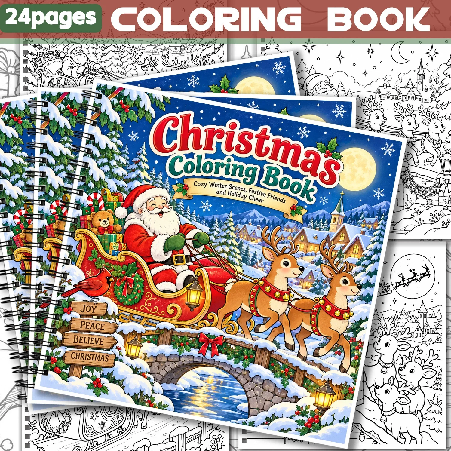 Christmas Coloring Book Spiral Bound 24Pages Showcasing Creativity & Relieving Stress Design Cozy Santa Sleigh Art Activity