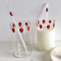 1pc Strawberry Cute Glass Cup 300ml Creative Transparent Water Cup Student Milk Heat Resistant Glass Cup