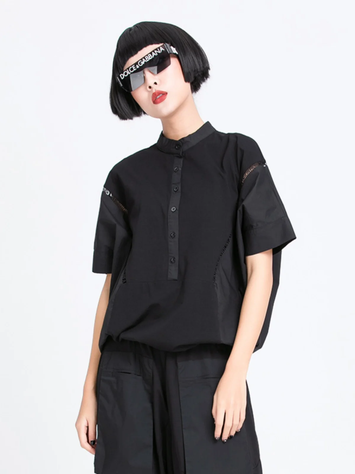 Dark Stylish Summer T-Shirt Short Sleeve Hollow out Patchwork Small Stand Collar Asymmetric Drawstring Hem Button Detail Punk...