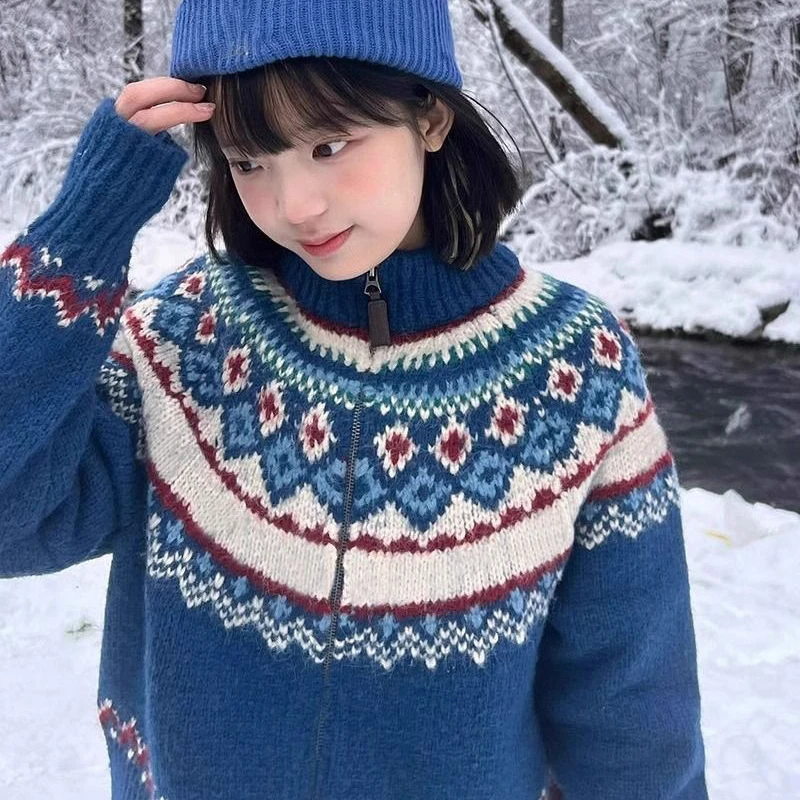 Vintage Blue Fair Isle Aesthetic Sweaters for Girls Turtleneck Zipper Cardigan Coats Women Winter Outdoor Jackets Loose Harajuku