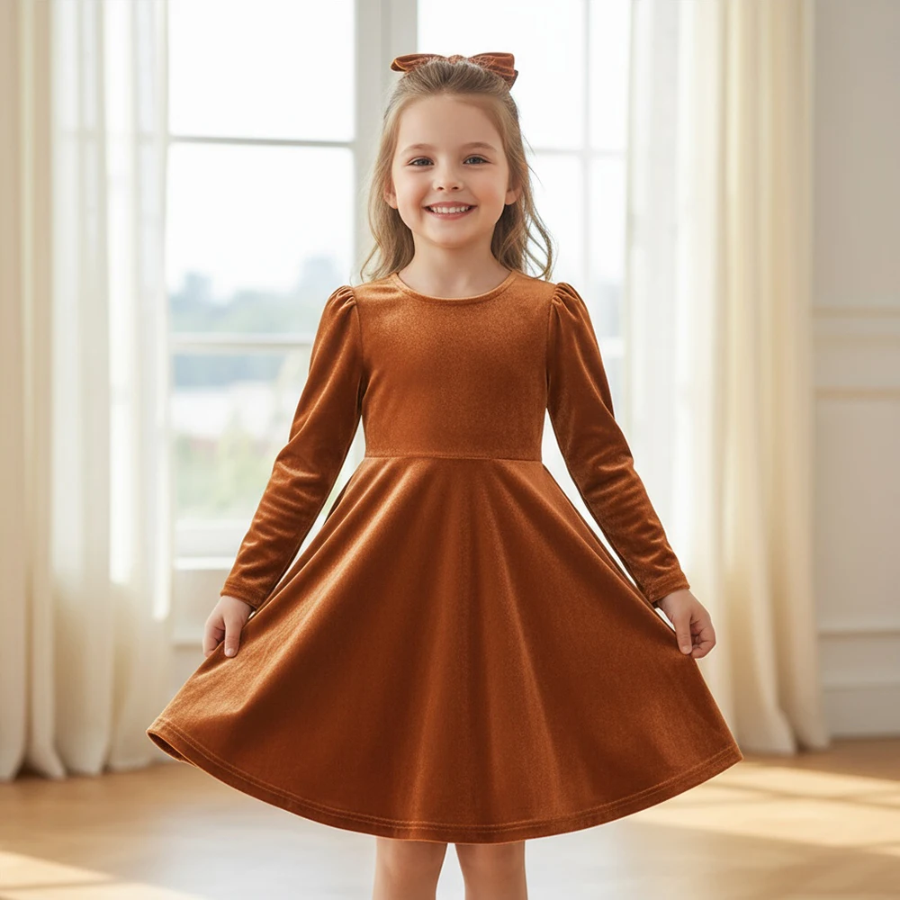

Girls Christmas Velvet Princess Dress, Solid Color & Back-Bow, Long-Sleeve Round-Neck Knee-Length Dresses, Holiday Party Dress