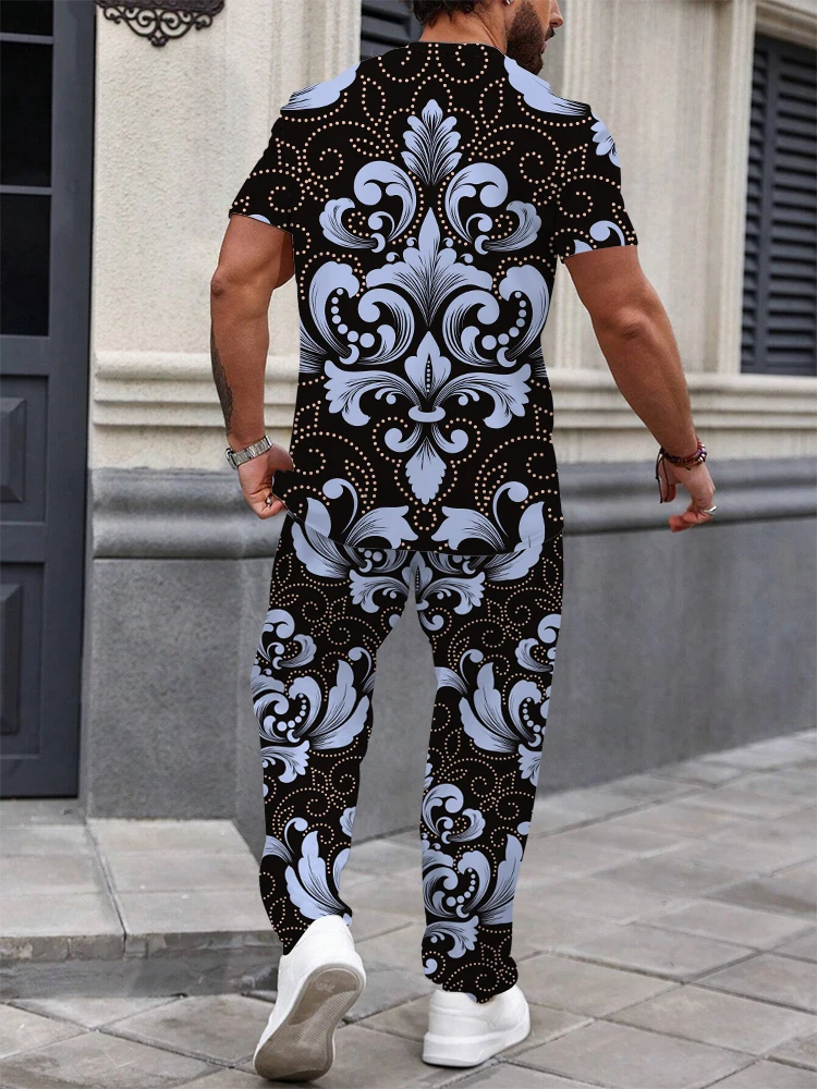 Fashion Casual Men\'s Baroque Two Piece Cowboy 3D Printed Suit Sports Outdoor Comfortable Short Sleeve + Trousers Two Piece Suit