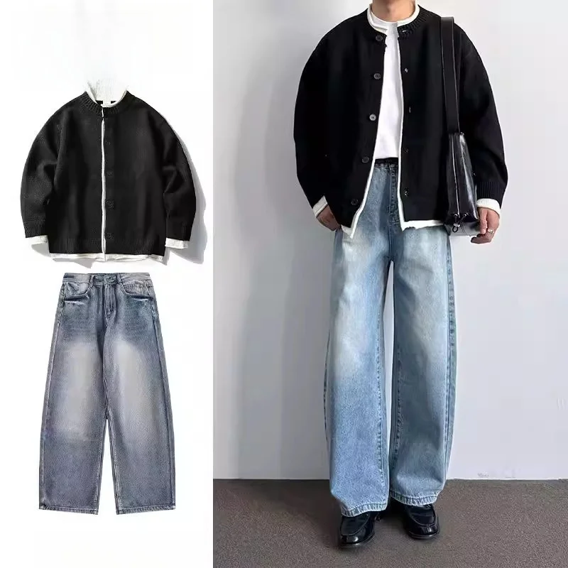 

American Sle Vintage Two-Piece round Ne Open Cardigan Sweater Casual Men's Button Knitted Set Polyester Fiber Long Sve