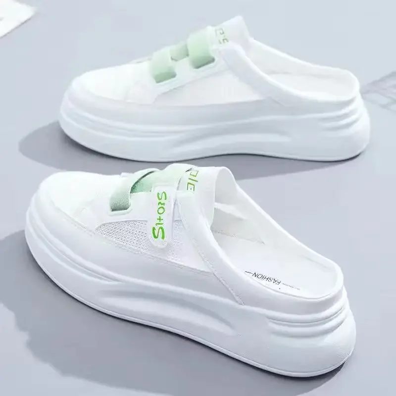 New Arrivals Mesh Shoes Fashion White Shoes Female Style Lat-soled Wild Flat-bottomed Summer Thin Section Baotou Half Slippers