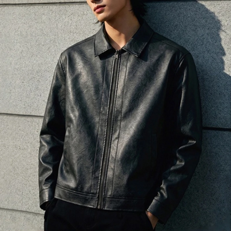 Business Casual Faux Leather Jacket Men Solid Color American Retro Biker PU Leather Jackets Men's New Loose PU Workwear Coat Man