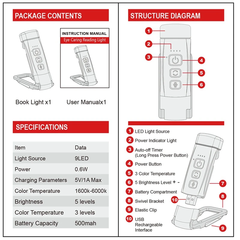 A96I-Book Light With Timer USB Rechargeable Reading Light Clip-On Read Lamp Bookmark Night Light Book Lamp 5 Brightness