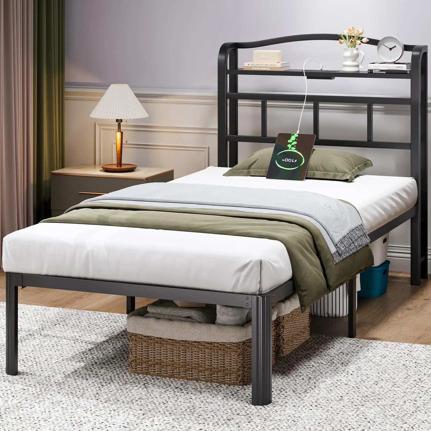 Base de Cama Individual con Estación de Carga y Cabecera con Almacenamiento, Plataforma de Metal Resistente, Fácil Montaje, Color Negro