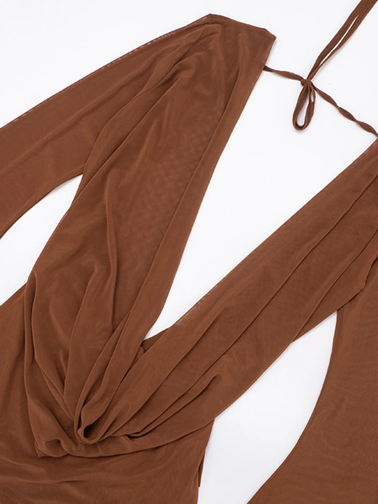 เดรสสั้นผ้าตาข่ายซีทรู แขนบาน คอวี แต่งระบาย สีชมพู ชุดเที่ยวทะเล ชุดคลุม ชุดออกงานกลางคืน