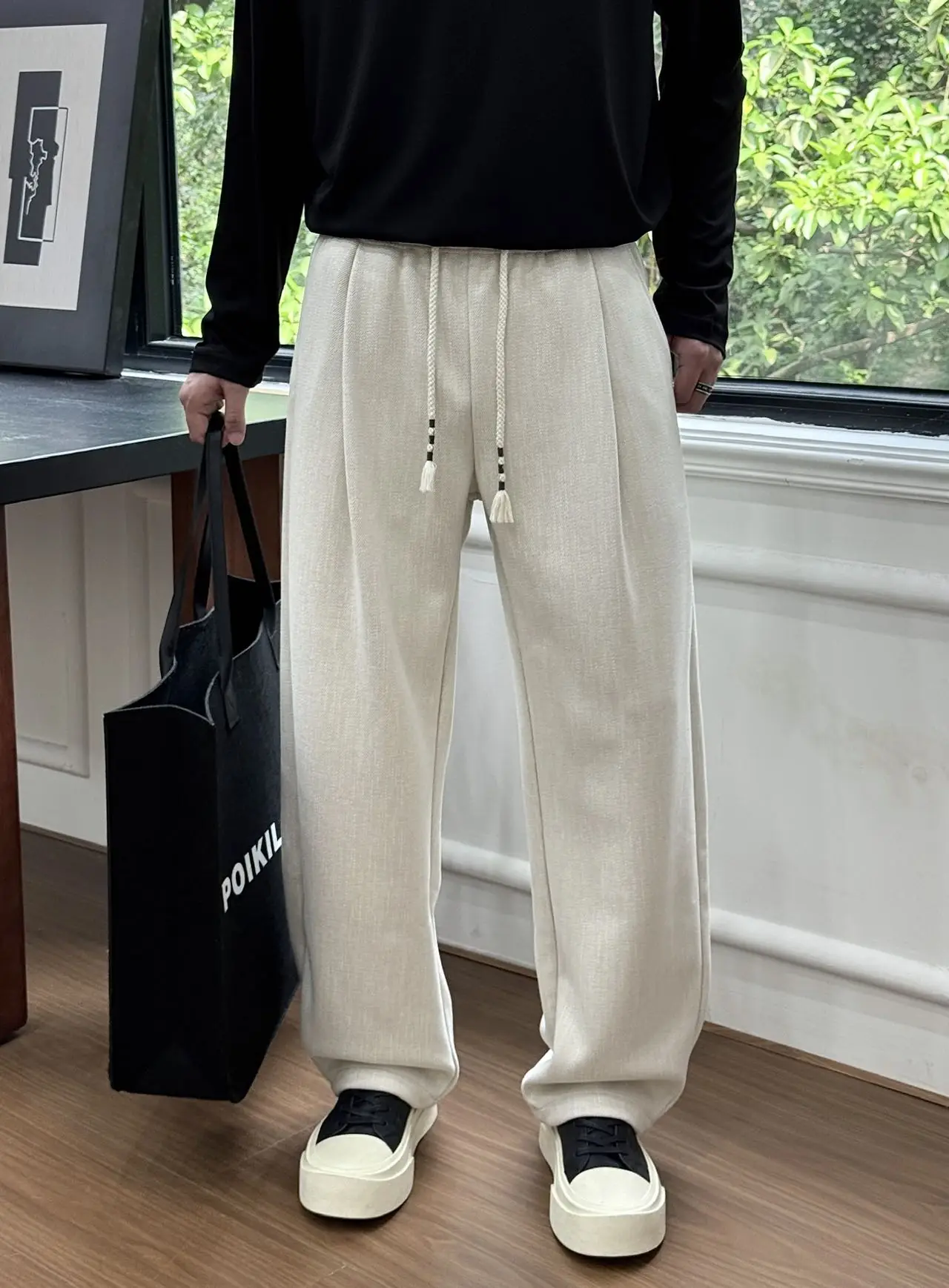 

Textured Fce Lined Thi Casual Pants Men's Winter American Loose Straight Leg Wool Pants Wide Leg Long Trendy B...