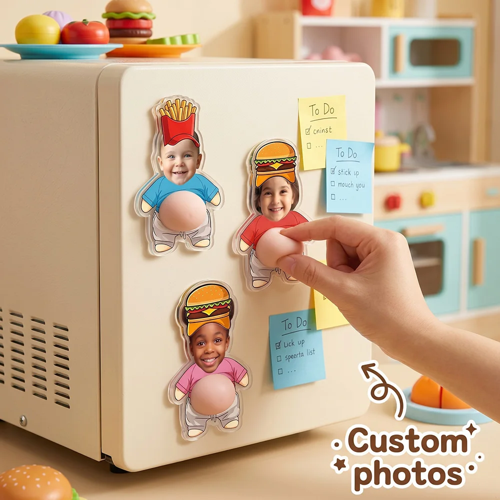 Personalized Kids Fast Food Photo Fridge Magnet,Burger Fries Hat Design, Funny Belly Stress Relief Refrigerator Decor,