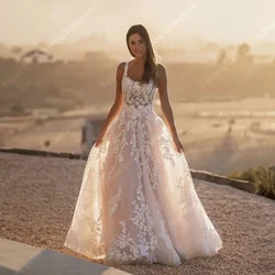 Vestidos De novia sin mangas con cuello cuadrado para mujer, superficie De tul brillante, longitud De trapeado, espalda descubierta