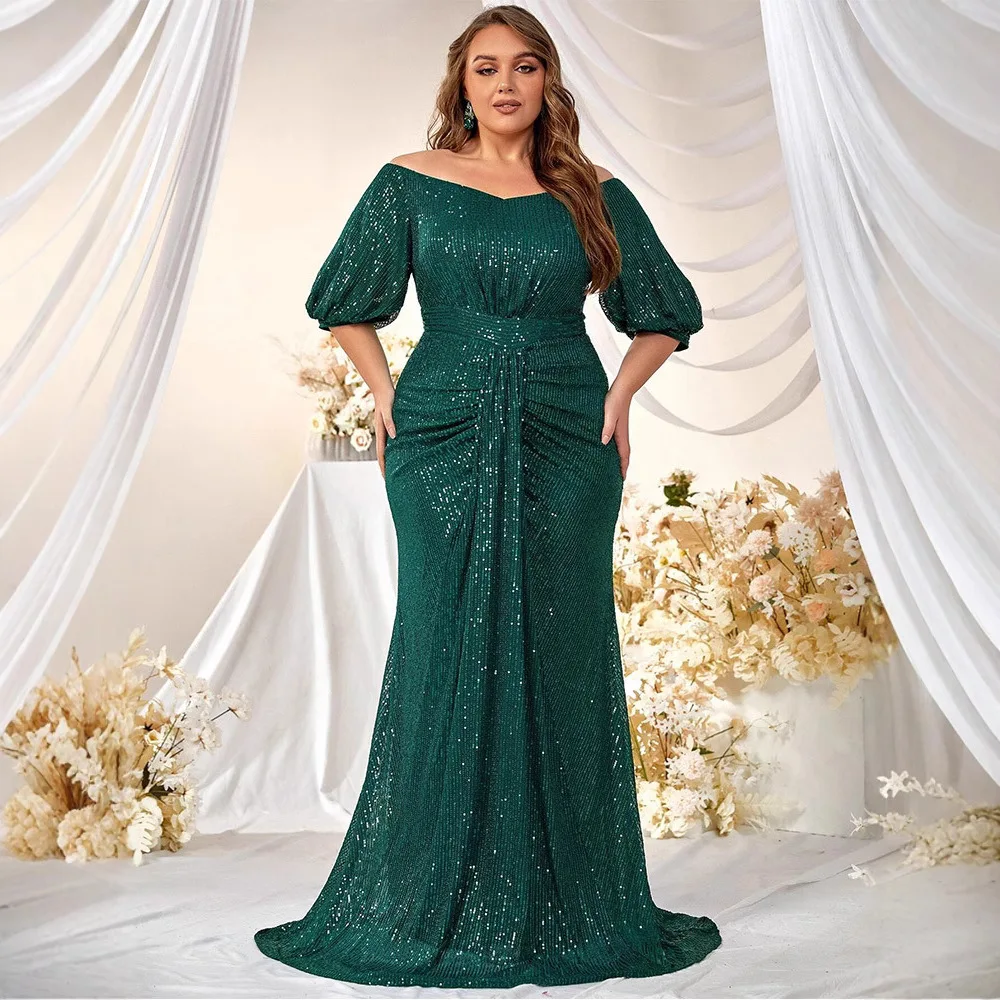 

Plus Size Emerald Green Sequin Mermaid Dress Women Off Shoulder Puff Short Sleeve Ruched Waist Floor Length Evening Maxi Gown