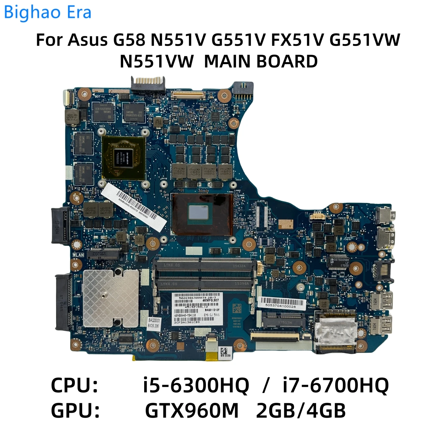 

N551VW MAINBOARD For ASUS G58 N551V G551VW FX551V FX51VW Laptop Motherboard With i5-6300HQ i7-6700HQ CPU DIS GTX960M 2GB/4GB-GPU