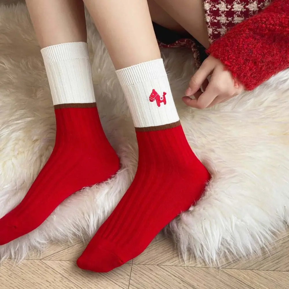 5Pairs Cute Stripe New Year Tube Socks Cartoon Mid Calf Embroidery Horse Socks Good Luck Letter Horse Year Socks Gift