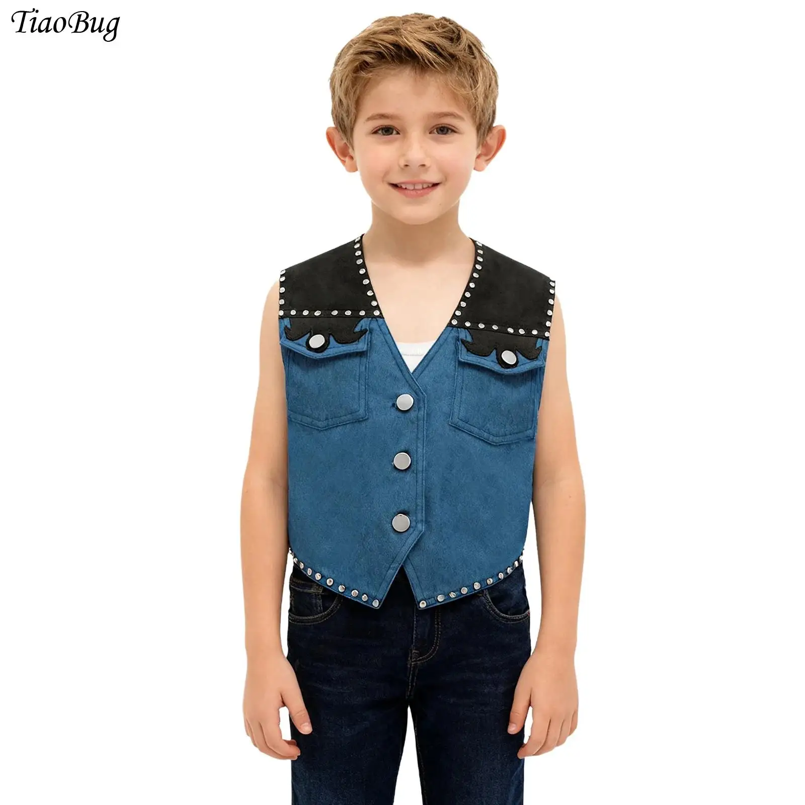 

Carnival Fancy Western Cowboy Dress Up Rivet Fringe Denim Cowboy Vest Cardigan Waistcoat +Hat Bandana Halloween Cowgirl Suits