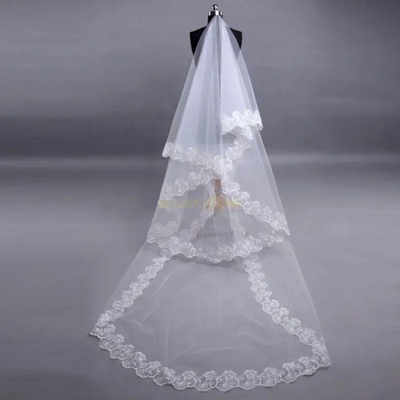 31BF Womens Short Fingertip Length 1 Tier White Lace Wedding Bridal Veil Without Comb