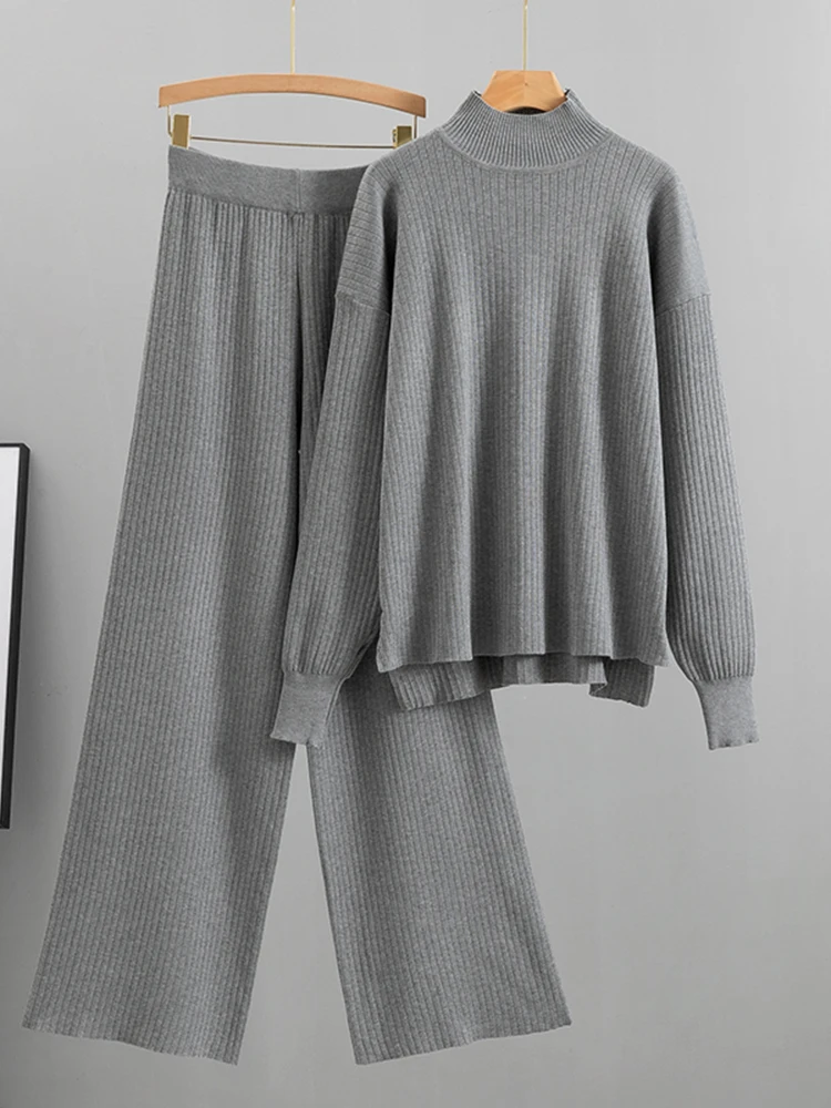 Casual 2 Pieces Set Women Loose Knitted Tracksuit Turtleneck Sweater + Wide Leg Pants Pullover Sweater Set CHIC Knitted Outwear