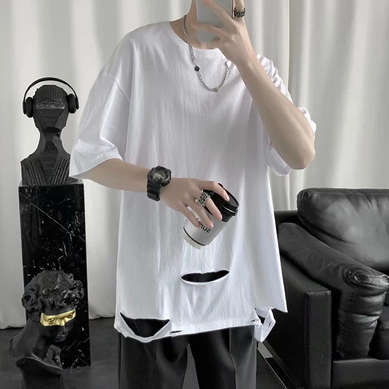 Summer Men Oversized 2xl T Shirt Short Sleeve O Neck Japanese Style Hole Streetwear Harajuku Hip Pop Fashion White Male Tee 2023