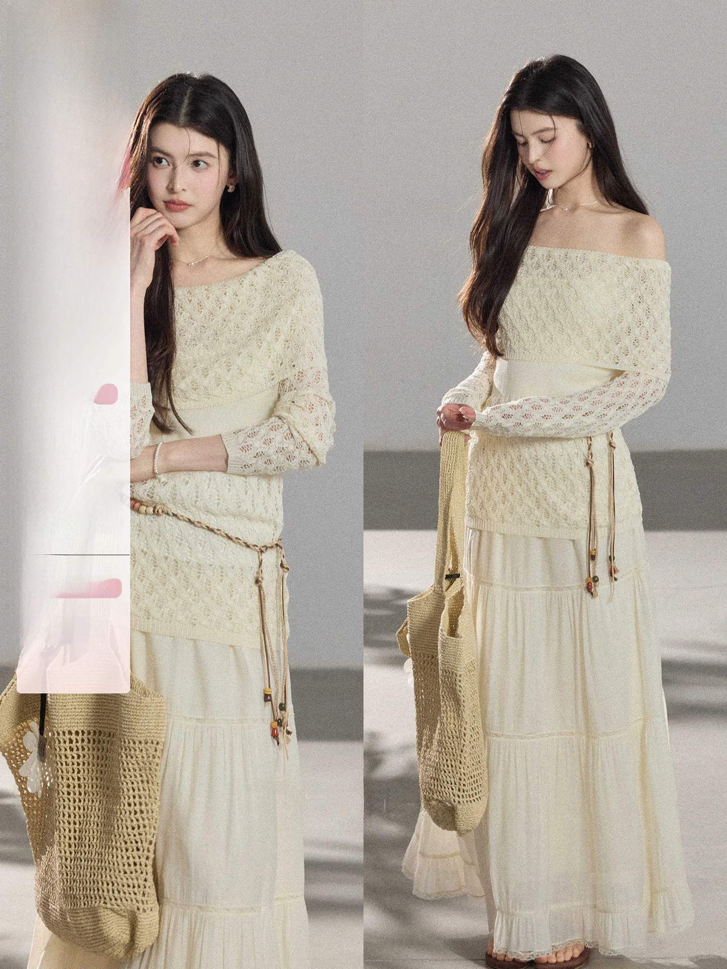 

Two-Way Sleeve Knitted Top Shoulder Bared One-Shoulder High-End Feeling Loose Long-Sleeve Women's Fashion Hollow out Knitwear