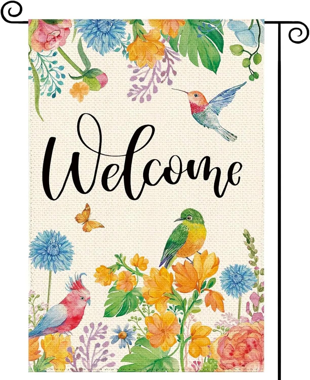 Summer Hummingbird Parrot Welcome Garden Flag 12 x 18 Inch Double Sided, French Vintage Peony Floral Farmhouse Burlap Small  KKW