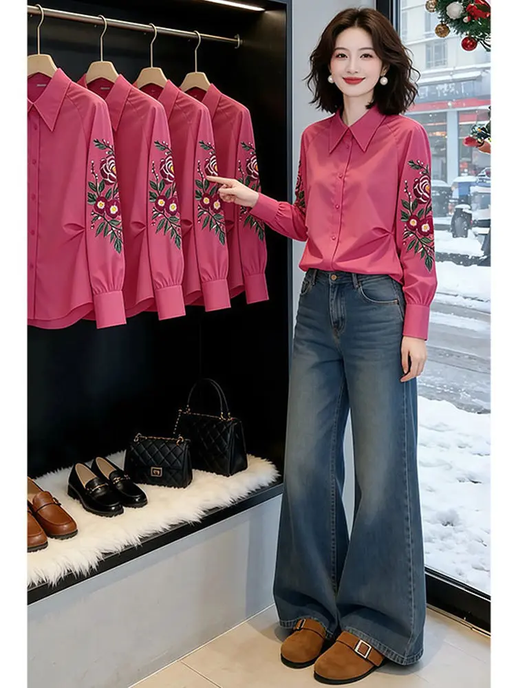 

Ele Long Sve Embroidered Casual irt Women's Stand Collar Faionable Versatile Autumn Winter New Arrival Ladies' Top