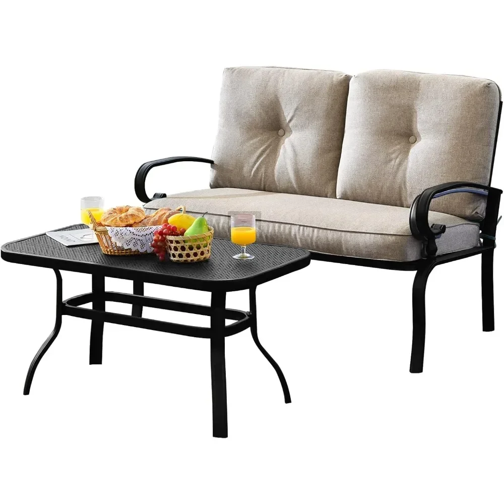 Patio Loveseat with Table Set, Cushioned Sofa with Coffee Table, Patio Conversation Sofa Set with Rustproof Frame,Outdoor