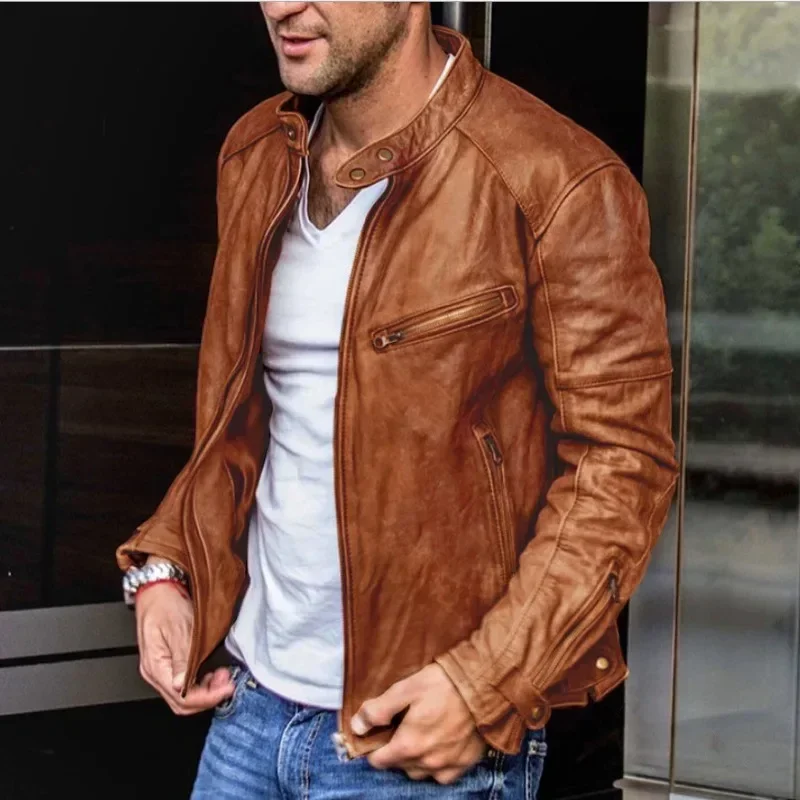 2024 Autumn Mens PU Leather Jackets Men Stand Collar Motorcycle Leather Jacket Male Casual Slim Black Brown Faux Leather Outwear