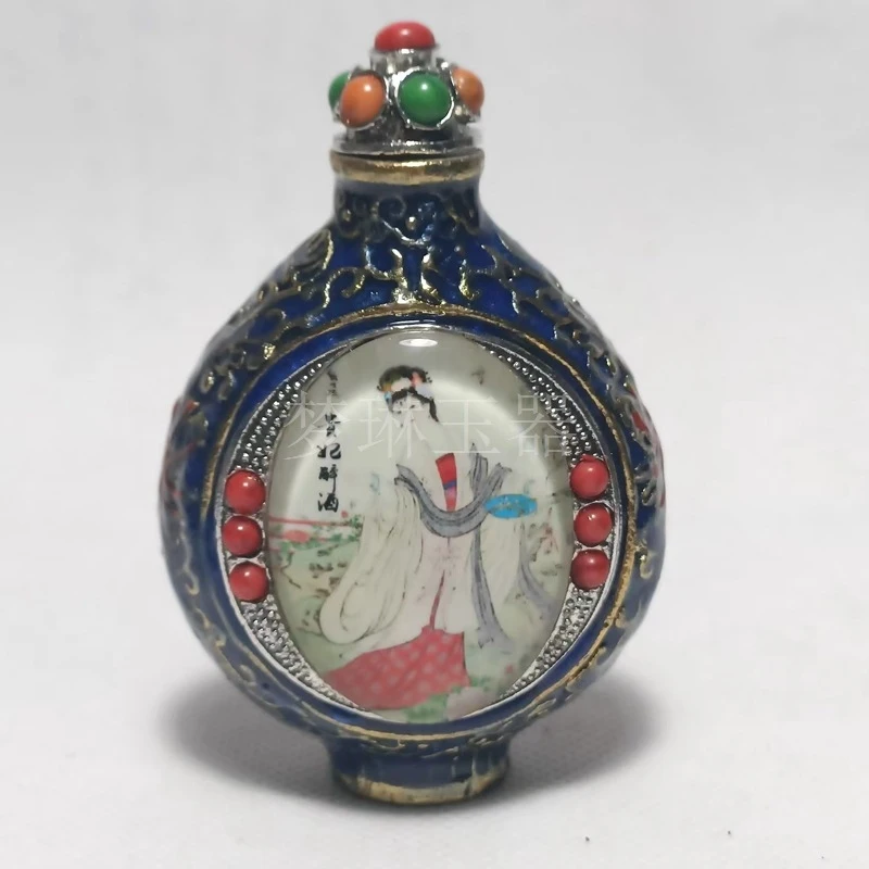 Antique Inlaid Cloisonné Enamel Art Piece Featuring Four Beauties, Double-Sided Internal Painting, Decorative Snuff Bottle