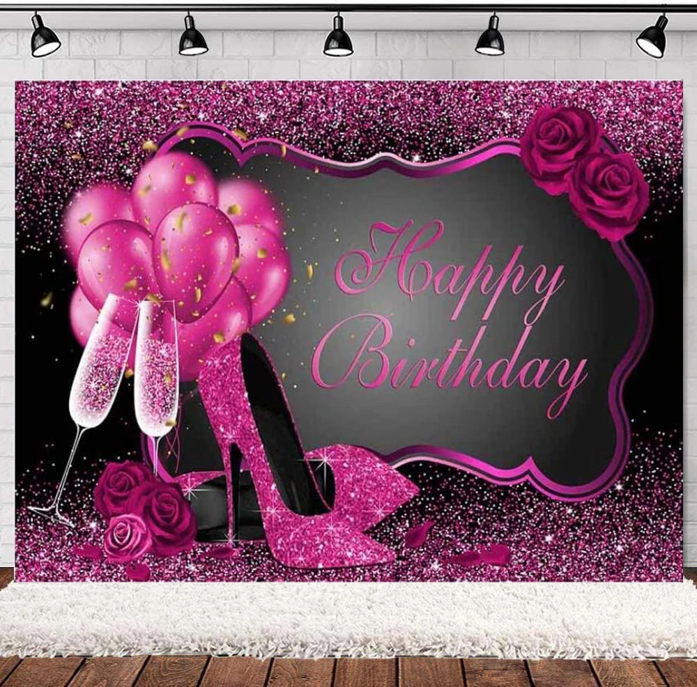 

Pink Glitter Women's Birthday Photography Backdrop Pink Champagne Balloons Roses Party Decorations Background Sweet Girl's Photo