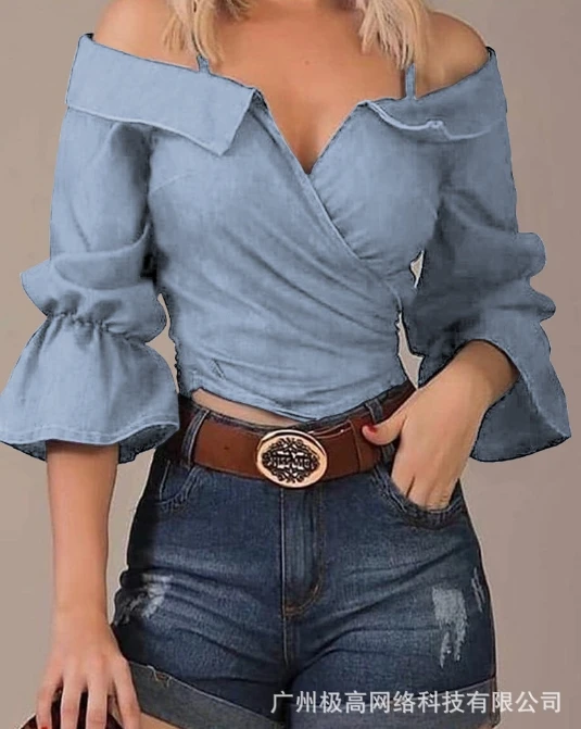 

Woman Blouse 2024 Spring Fashion Cold Shoulder V-Cut Flared Sleeve Casual Plain Long Sleeve Daily Top Y2K Clothes