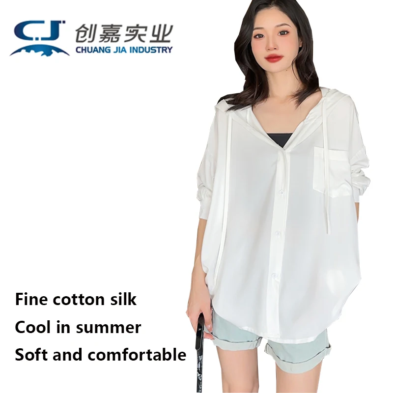 

Cotton Silk Summer Women Long-sleeved Hooded Shirt Outdoor Travel Sun Protection Clothing Light Soft Loose Shirt Large Size 3XL