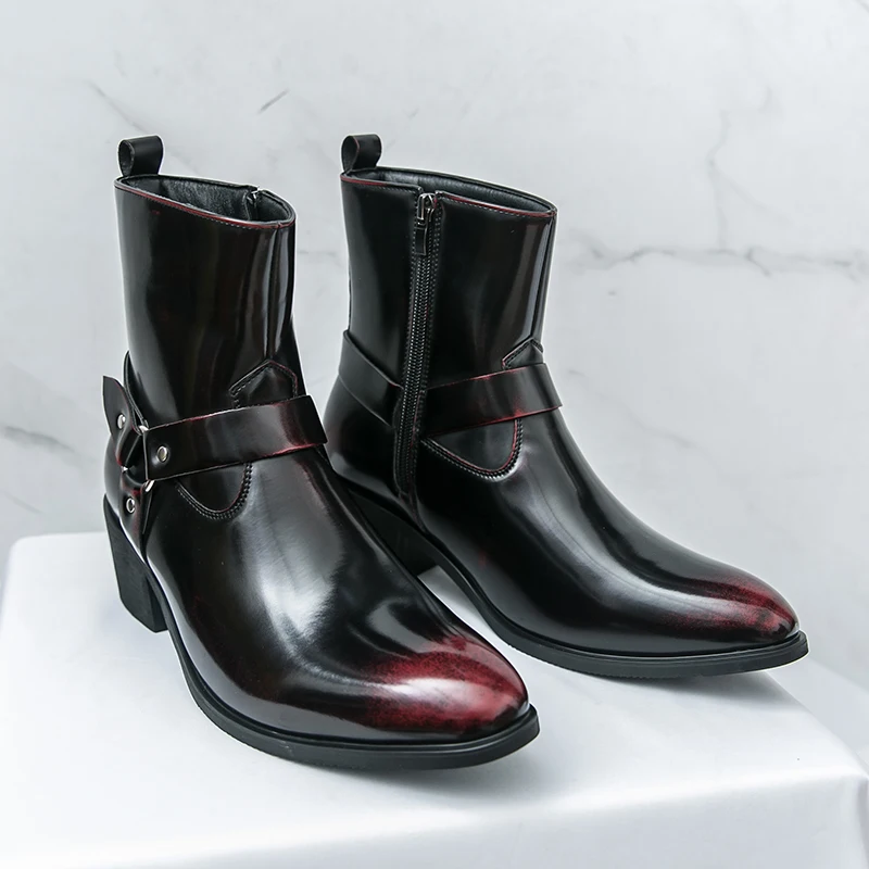 

YUYIN 2026 Best-Selling New Design Pointed Patent Leather Chelsea Ankle Boots Men’s High-Top Punk Style Studded Leather Shoes