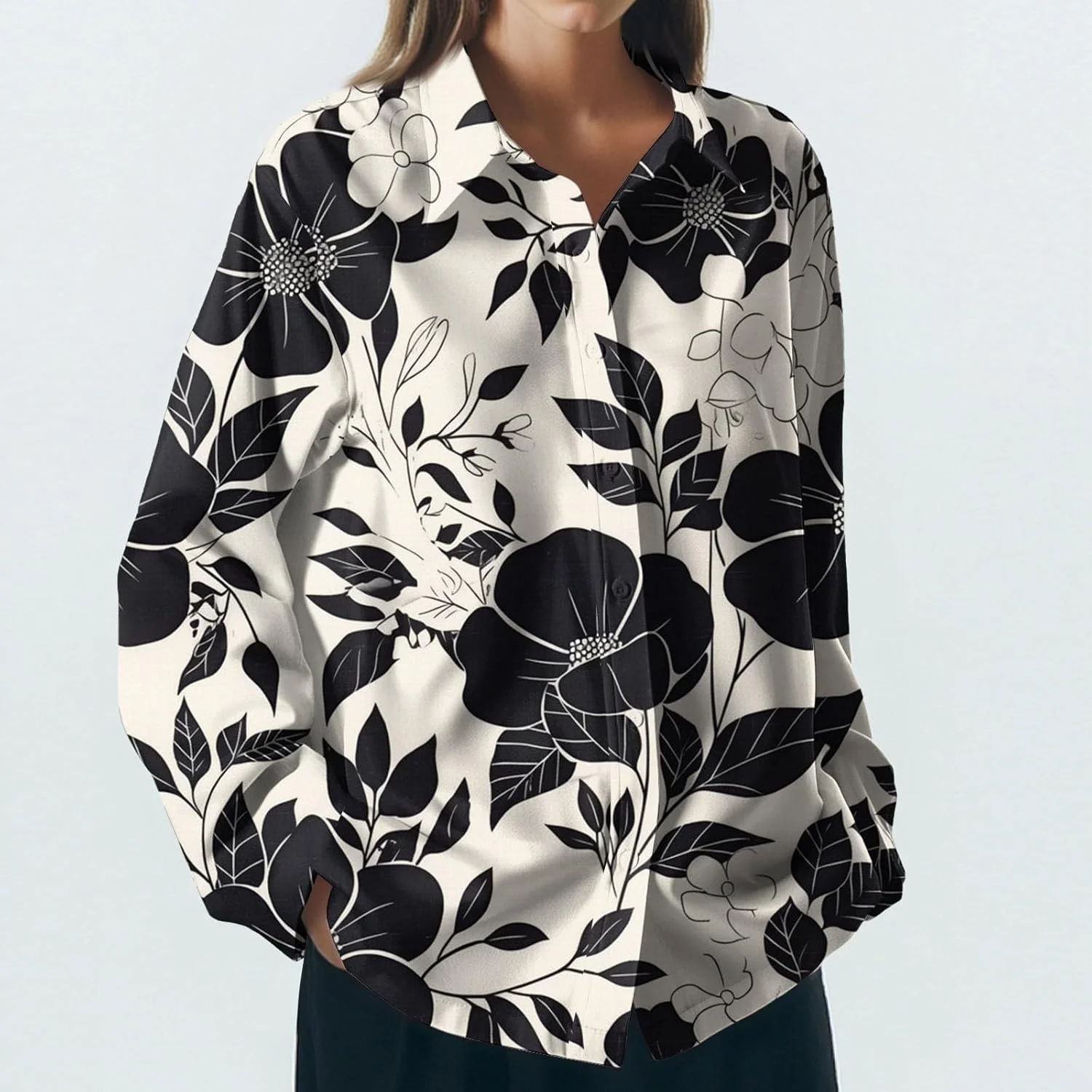 

2026 Blush Women Summer Popular Long Sleeve Lapel Shirt Plant Flower Printed Shirt Street Commuting Casual Top Fast Shipping