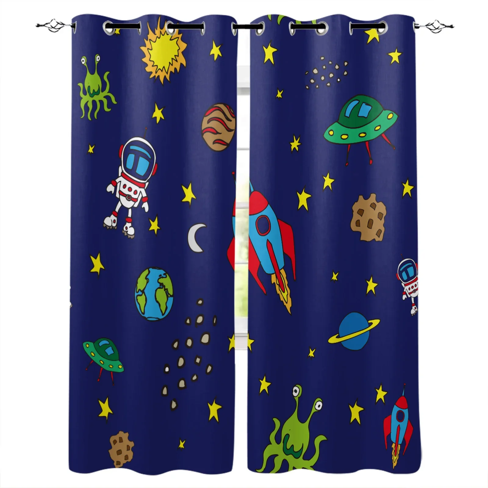 Space Astronaut Rocket Moon Planet Blackout Curtains Window Curtains For Bedroom Living Room Decor Window Treatments