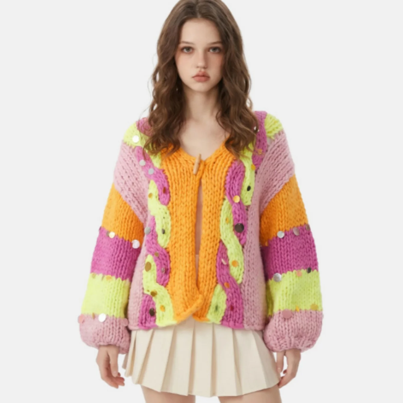 Rainbow Color Tassel Front Chunky Knit Cardigan 2026 Winter Women Handmade Sweater Niche Design Knitwear Outfit