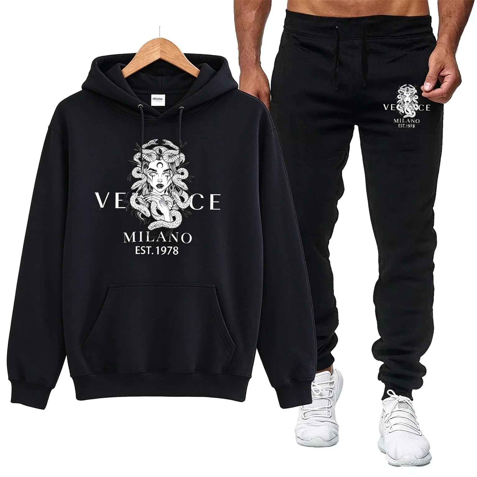2026Men Autumn Tracksuit, Hooded Sweatshirt & Sweatpants 2Pcs Set, Simple Luxury Print, Versatile Jogging Sports Outfit For Male