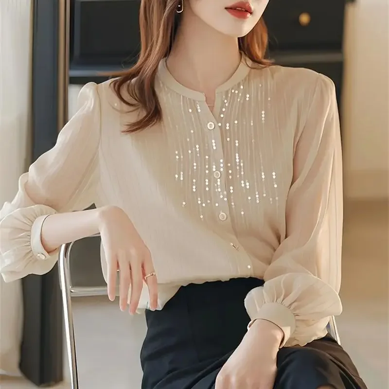 

Beige Sequined Blouse Autumn Elegant Chiffon Shirt Women Button Pleated Long Sleeve Striped Loose Top Office Lady 365P