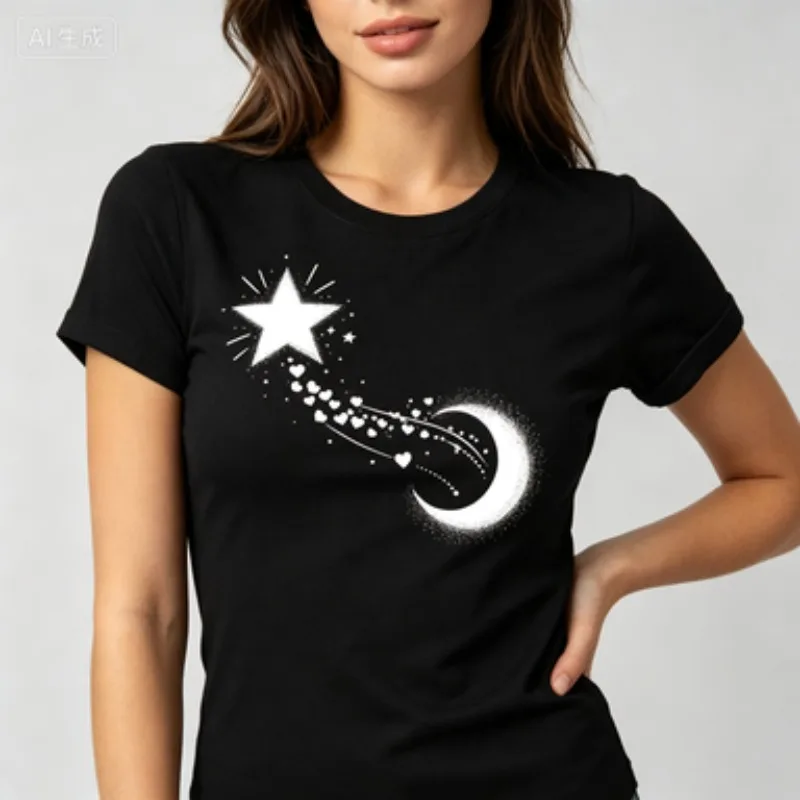 Star Heart Trail Women Cotton Round Neck T-Shirt Galaxy Doodle Graphic Casual Short Sleeve Tee Gift For Girlfriend Bestie