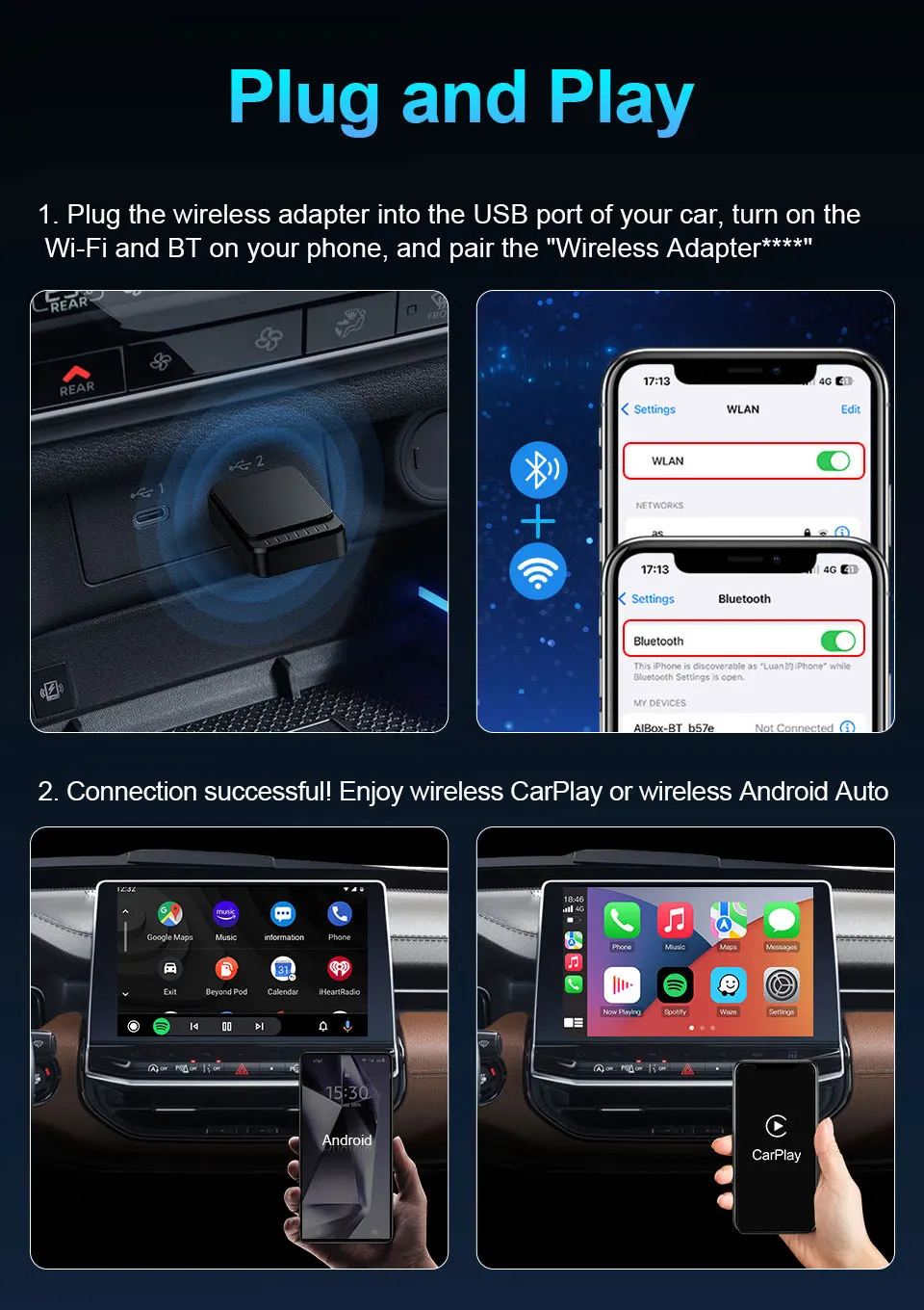 محول تلقائي جديد 2 In1 CarPlay وAndroid، استخدام مريح لـ CarPlay مناسب لـ USB/Type C dongle Mini-Box Wireless Fas