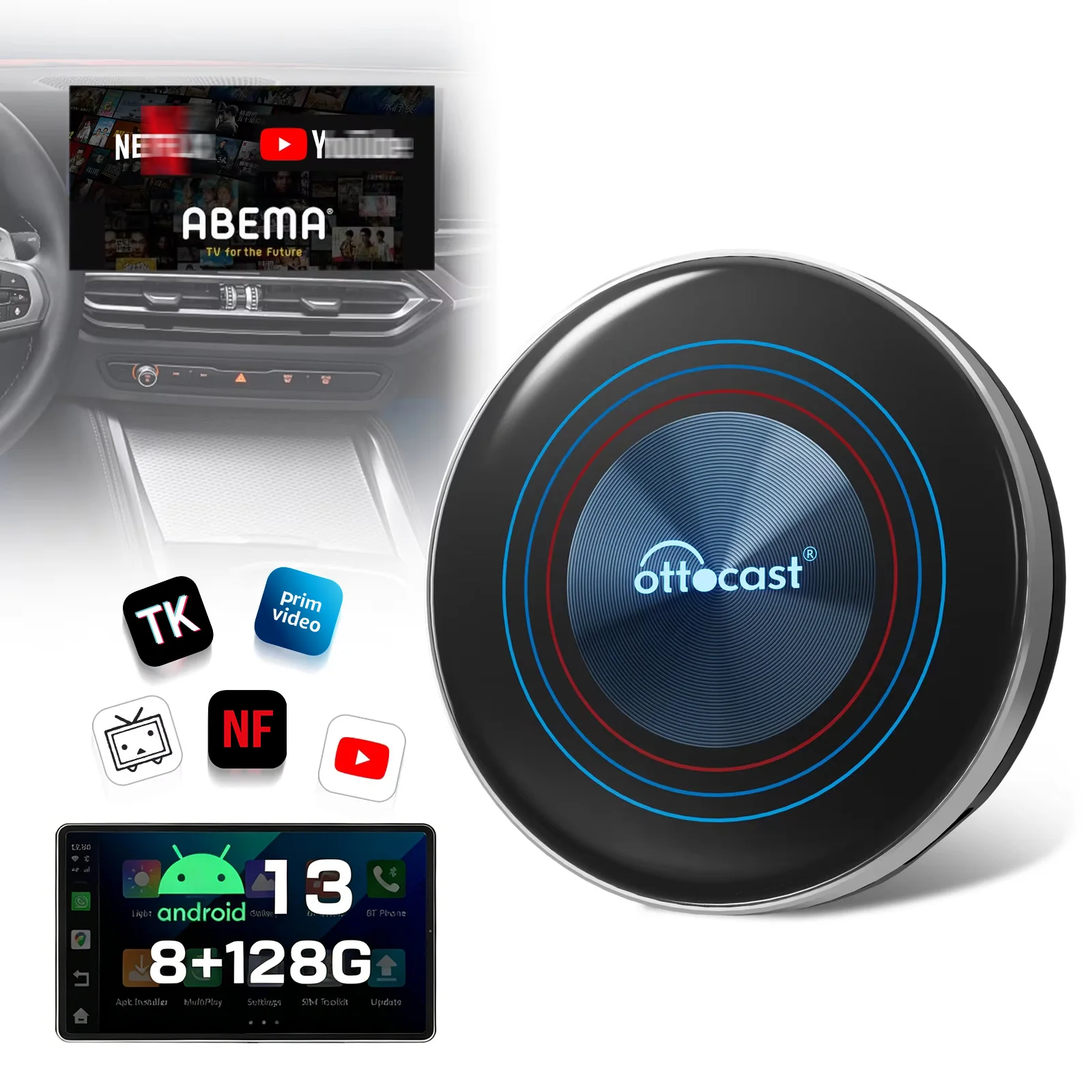 OTTOCAST i3 AI Box Android 13 8+128GB Draadloze CarPlay & Android Auto Netflix YouTube Play Store Geschikt voor OEM draadloze CarPlay auto's