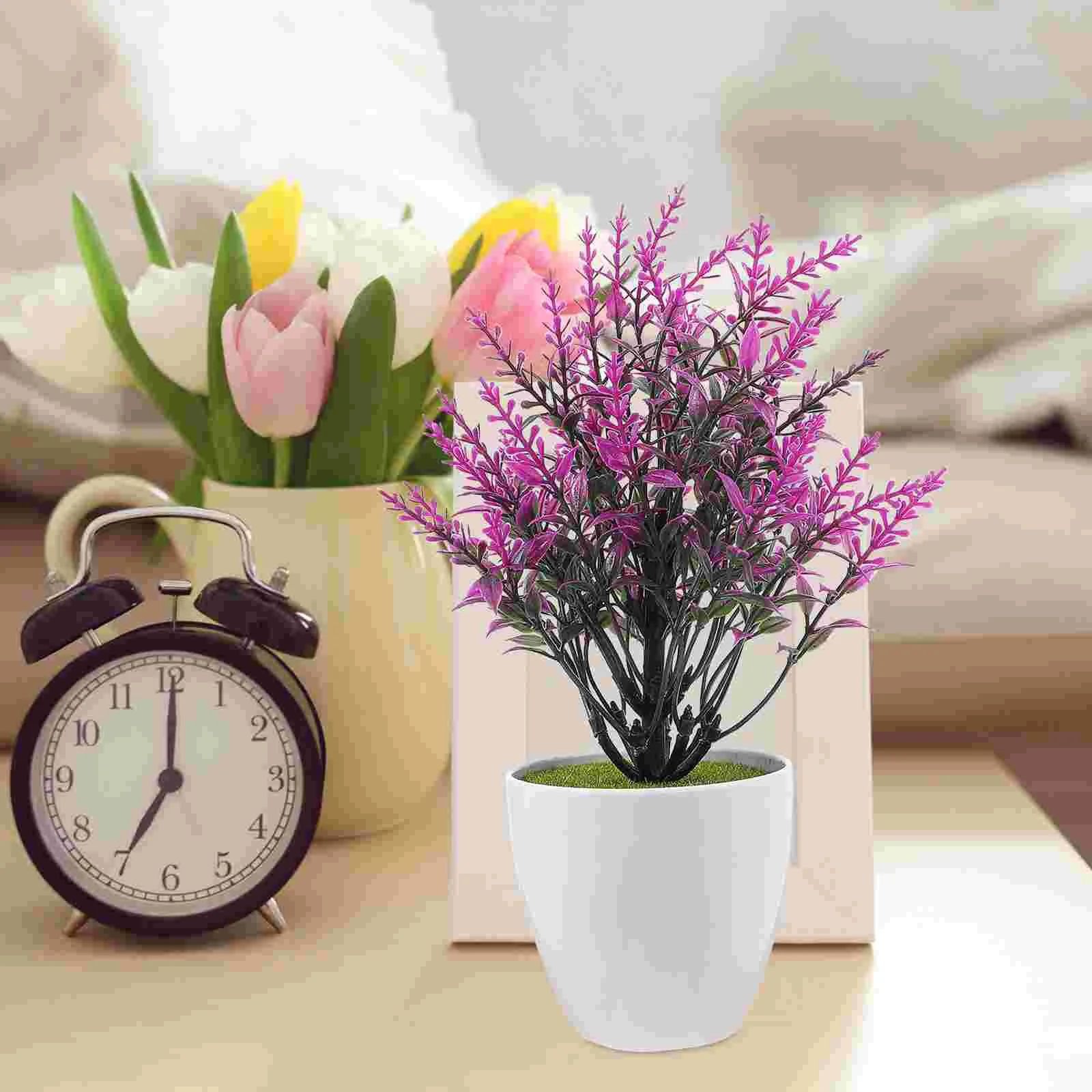 2 Pcs Plastic Flower Decorate Artificial Plants Lavender 18X12CM Small Bonsai Ornament Cartoon Potted