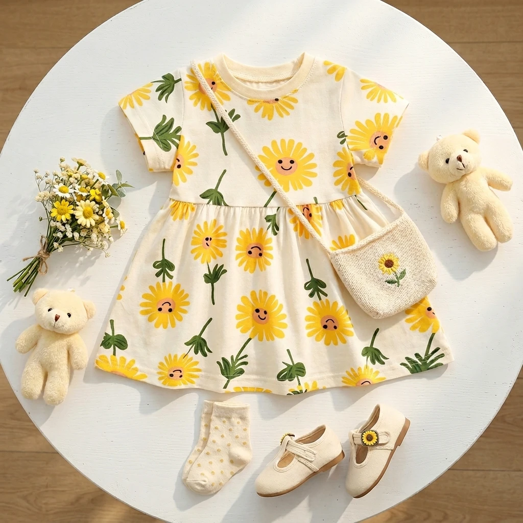 Summer Little Girls Sweet Beach Dresses Children Clothing Sunflower Print