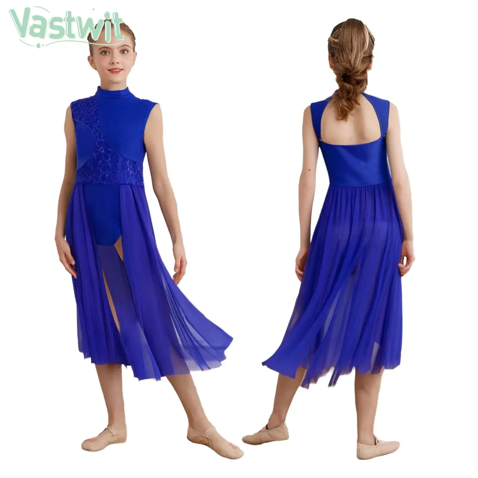 Kids Girls Sleeveless Sheer Mesh Floral Lace Modern Lyrical Dance Leotard Dress Figure Skating Gymnastics Performance Clothes