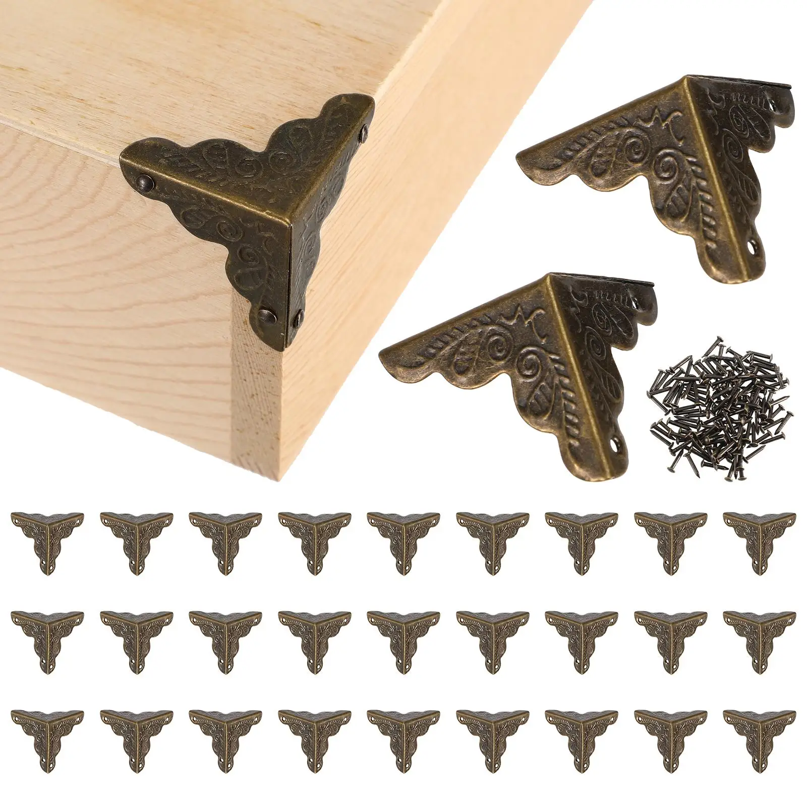 

30 Pcs Printed Corner Guards Metal Decorative Trims for Jewelry Boxes Furniture Dark Brown Baseboard Stair Edge Protection