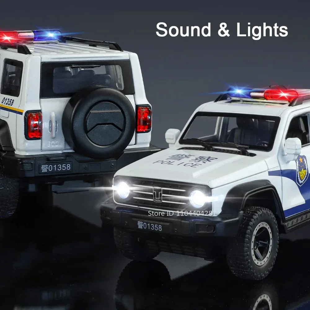 Coche de policía de aleación 1:24TANK 300, modelos fundidos a presión, juguetes, puertas, sonido abierto, luz, tracción hacia atrás, volante delantero, vehículos, regalo de vacaciones A2